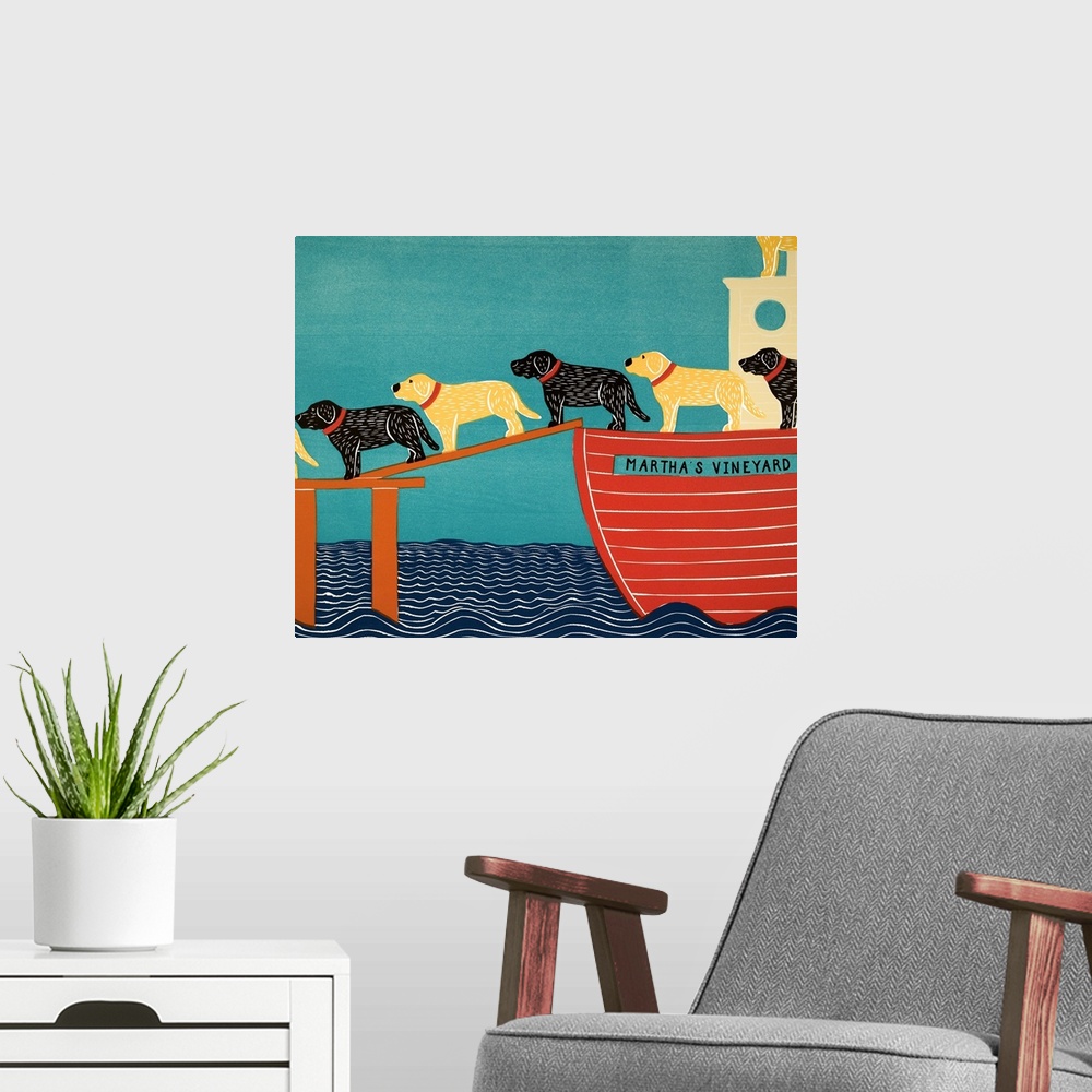 A modern room featuring Illustration of a pattern of black and chocolate labs walking off of a Martha's Vineyard Ferry.