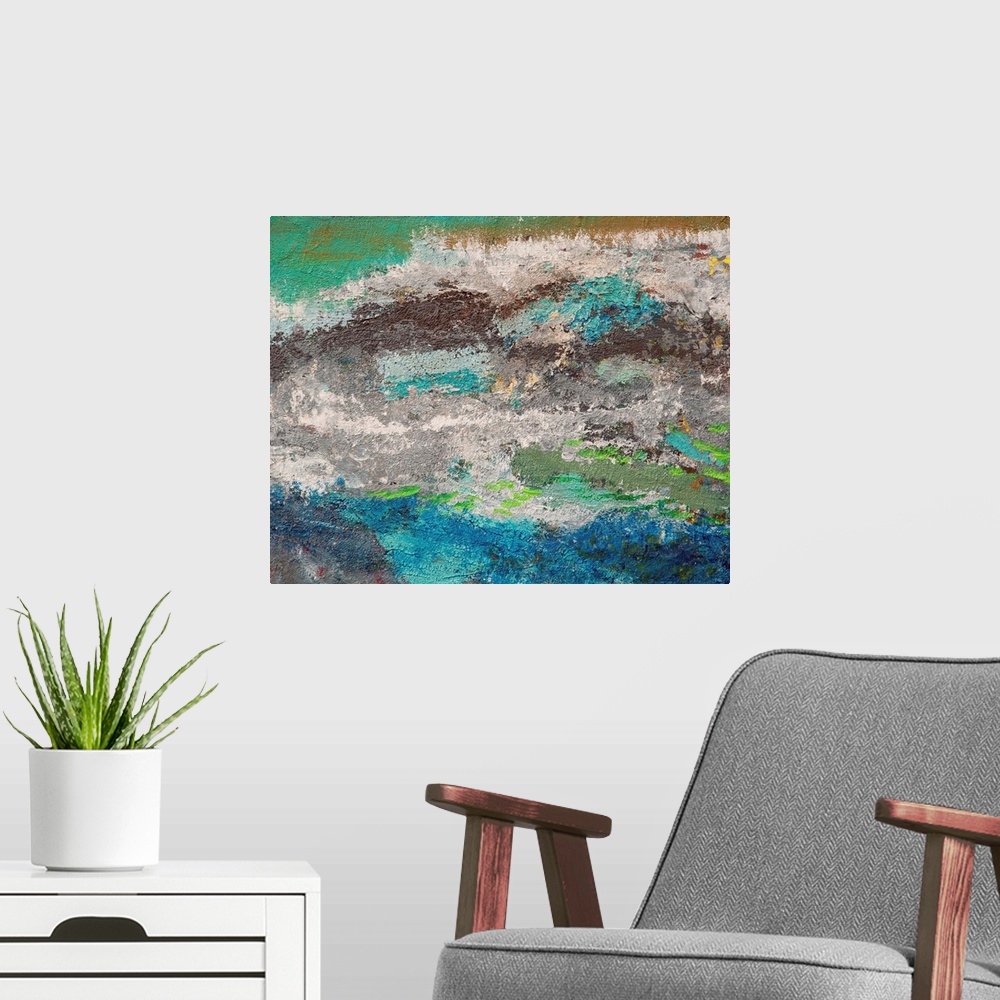 A modern room featuring Contemporary abstract painting resembling an aerial view of a seascape.