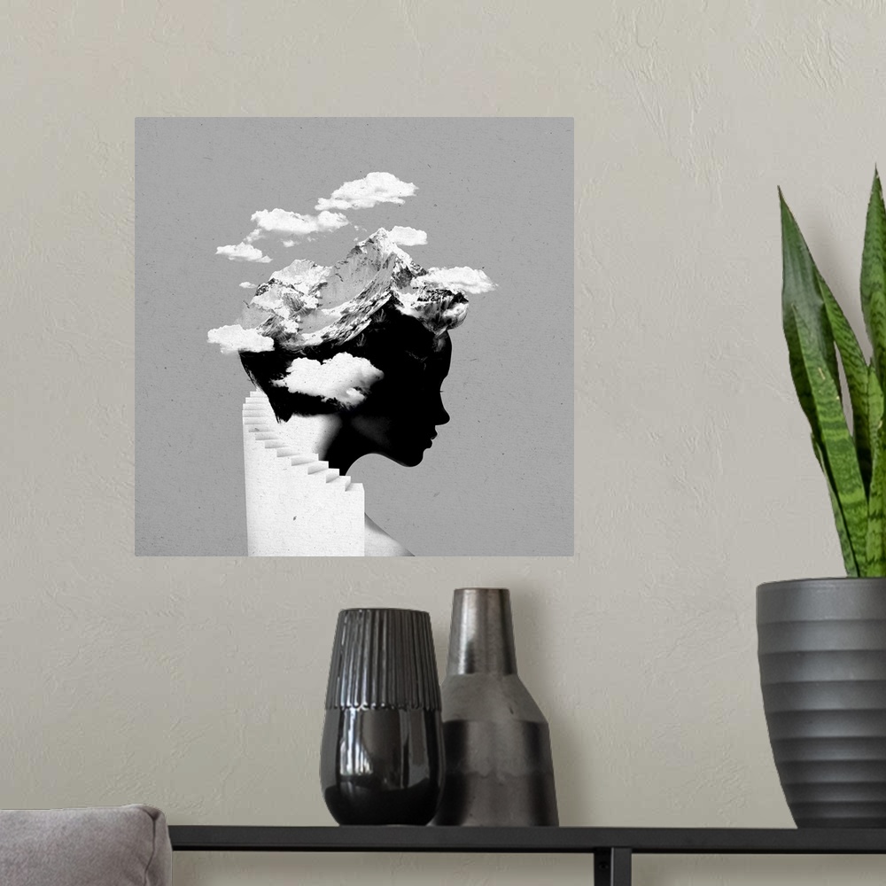 A modern room featuring Contemporary artwork of a composite image a silhouetted female portrait with a staircase around t...