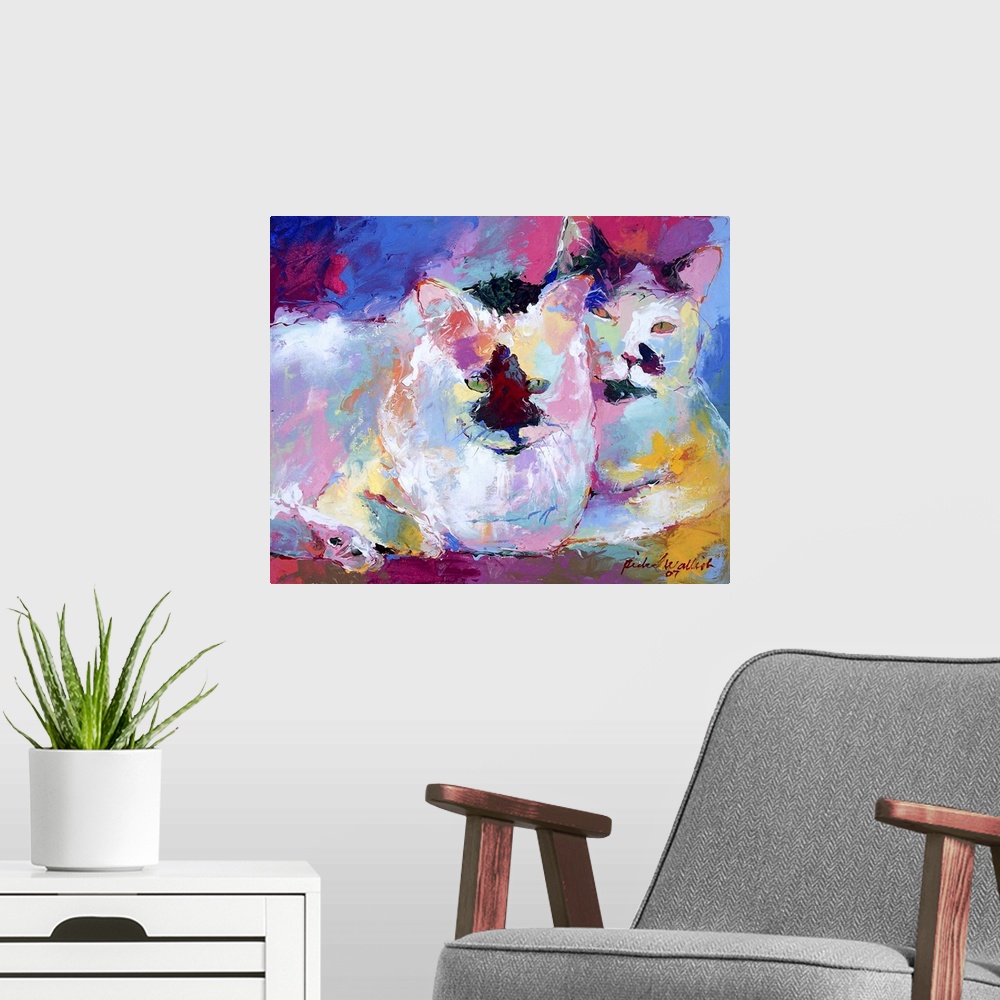 A modern room featuring Contemporary vibrant colorful painting of two white cats laying together.