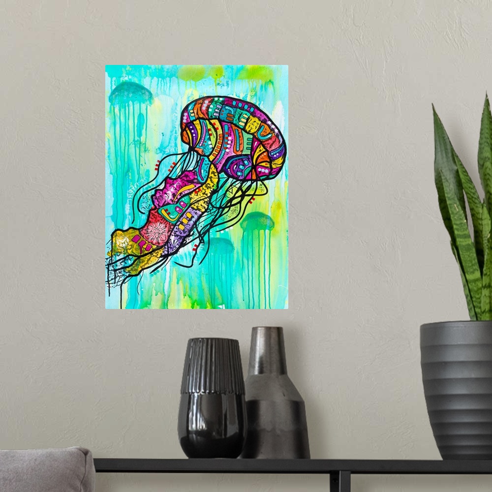 A modern room featuring Contemporary stencil painting of a jellyfish filled with various colors and patterns.