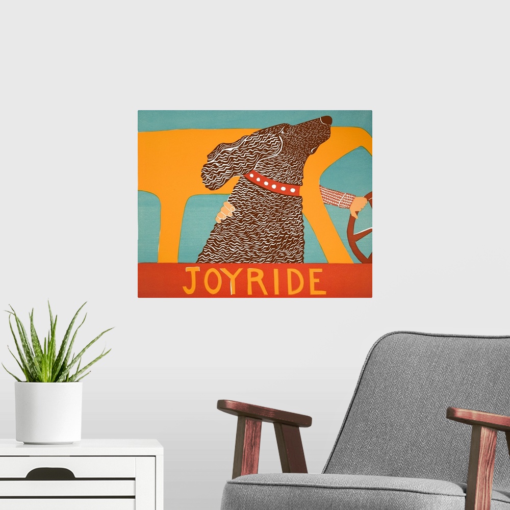 A modern room featuring Illustration of a chocolate lab riding in a car with its head out of the window and the phrase "J...