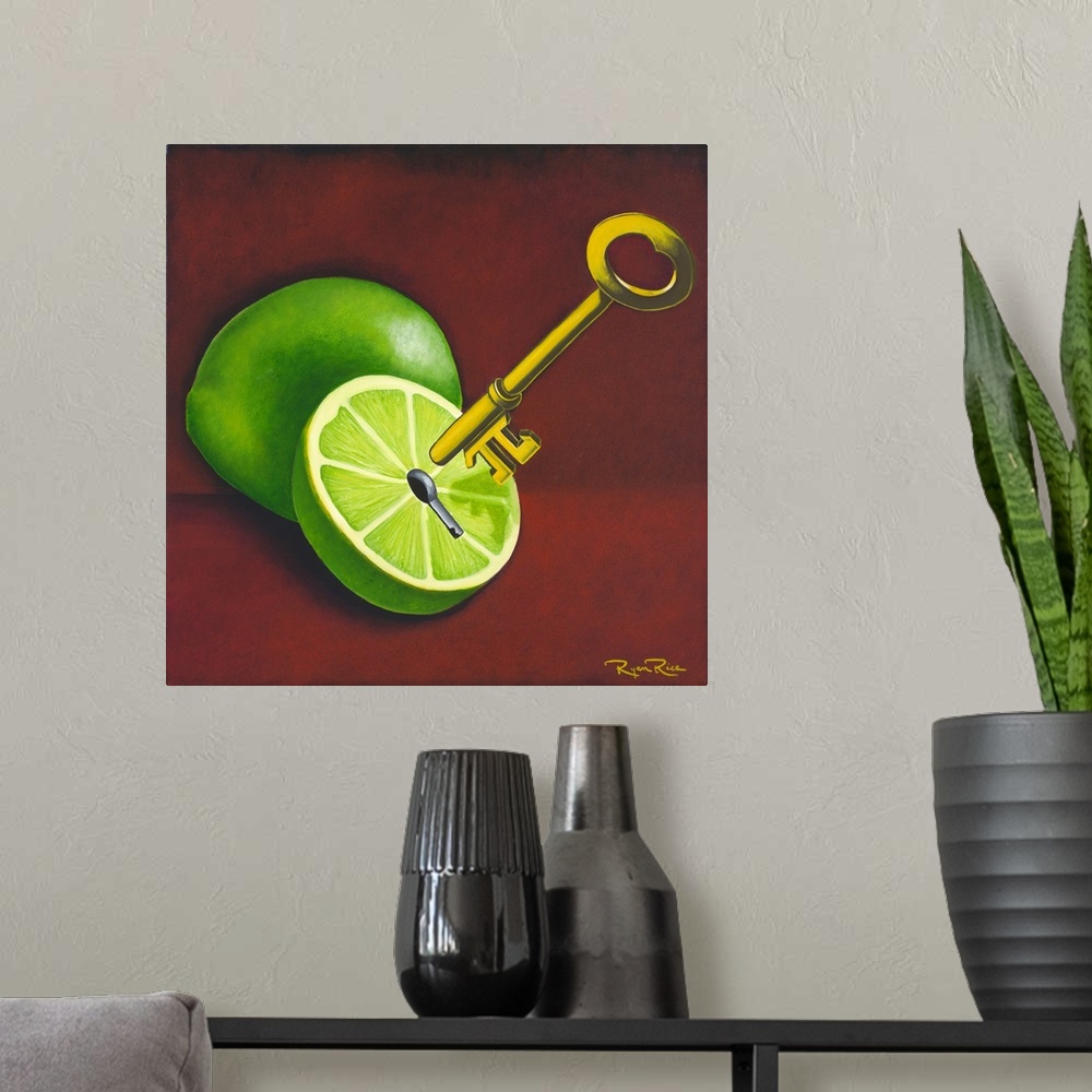 A modern room featuring Square pun painting of two limes and a golden key with the pi symbol on the end (key lime pi - ke...