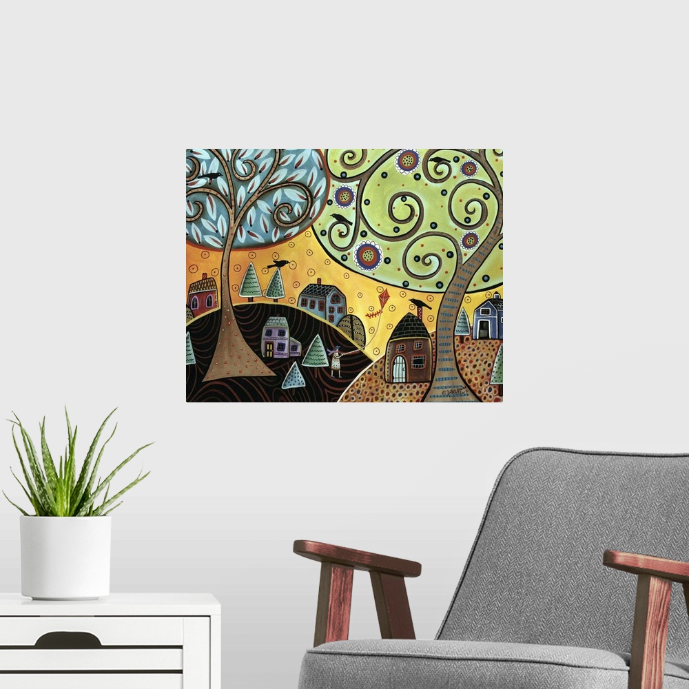 A modern room featuring Contemporary painting of a woman flying a kite under two large trees with curly branches in a lit...
