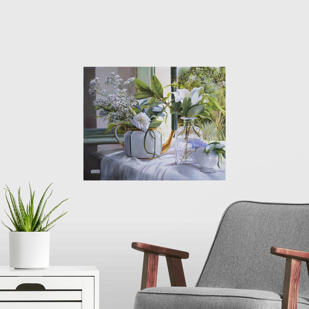 A modern room featuring Contemporary still life painting of a teapot and glass vase filled with flowers.