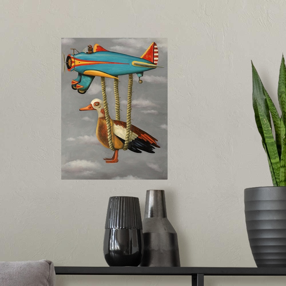 A modern room featuring Surrealist painting of a duck being carried by a toy plane.