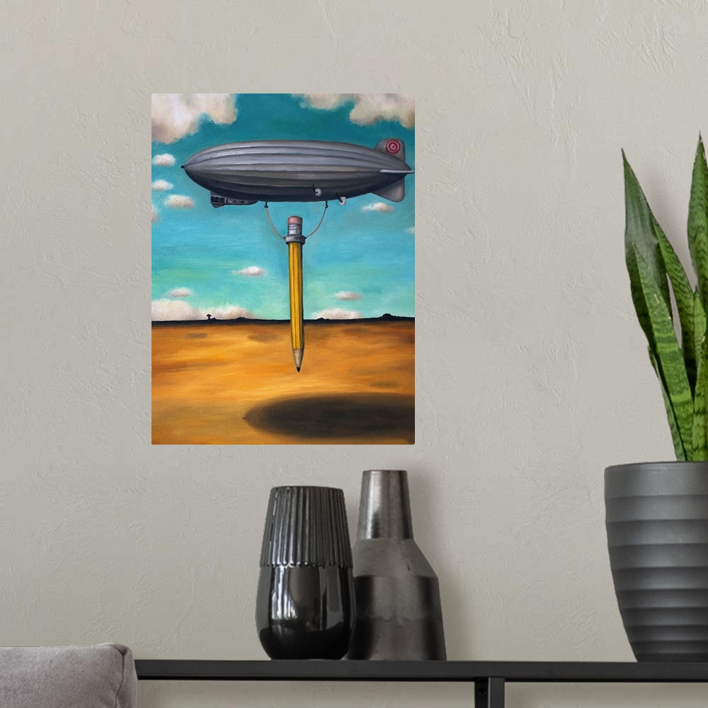 A modern room featuring Surrealist painting of a zeppelin carrying a pencil above an arid desert landscape.