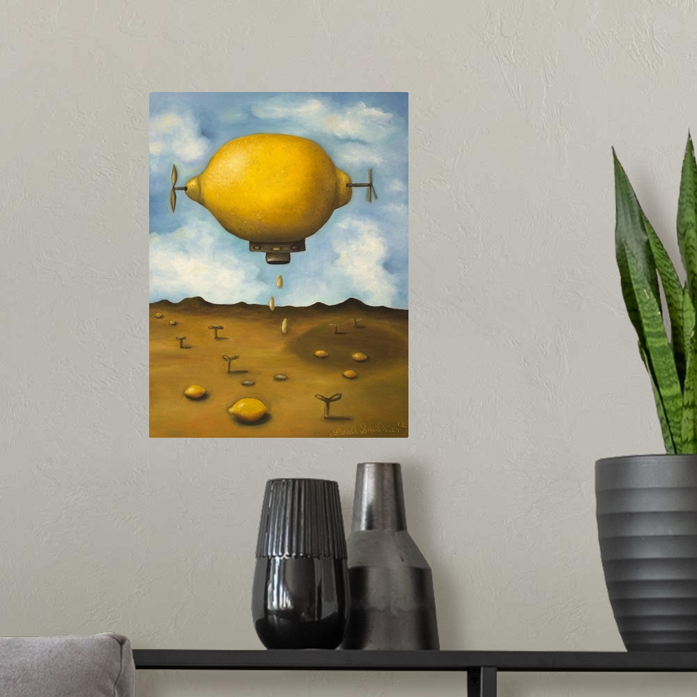 A modern room featuring Surrealist painting of a lemon zeppelin above a desert landscape.
