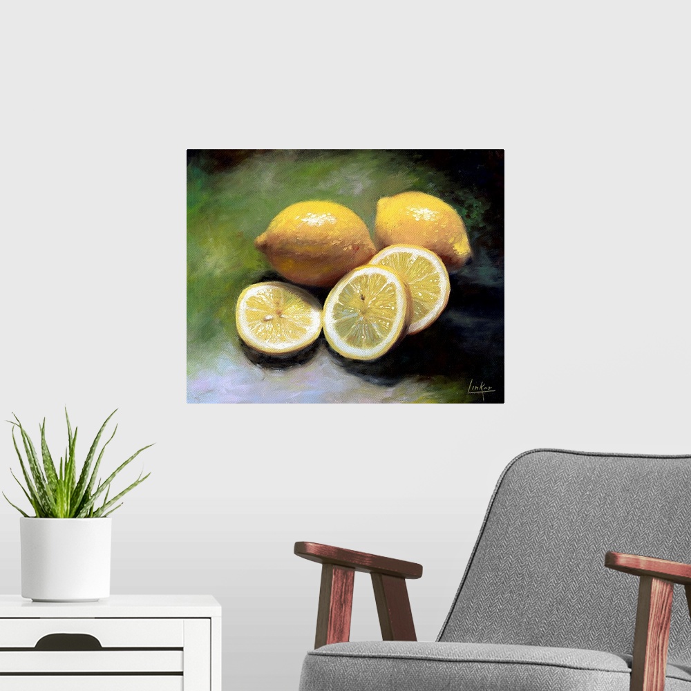 A modern room featuring Painting of lemons, sliced and whole, on a green background.