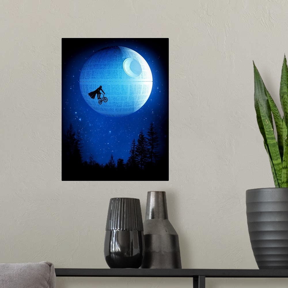 A modern room featuring Pop art of Darth Vader on a bicycle in the sky in front of the Death Star.