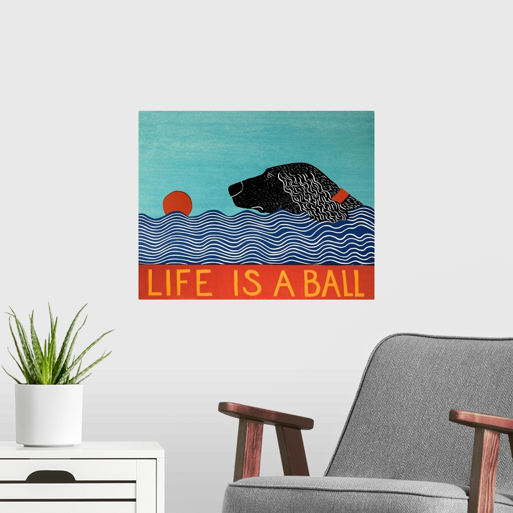 A modern room featuring Illustration of a black dog swimming to fetch a red ball in the water with the phrase "Life is a ...