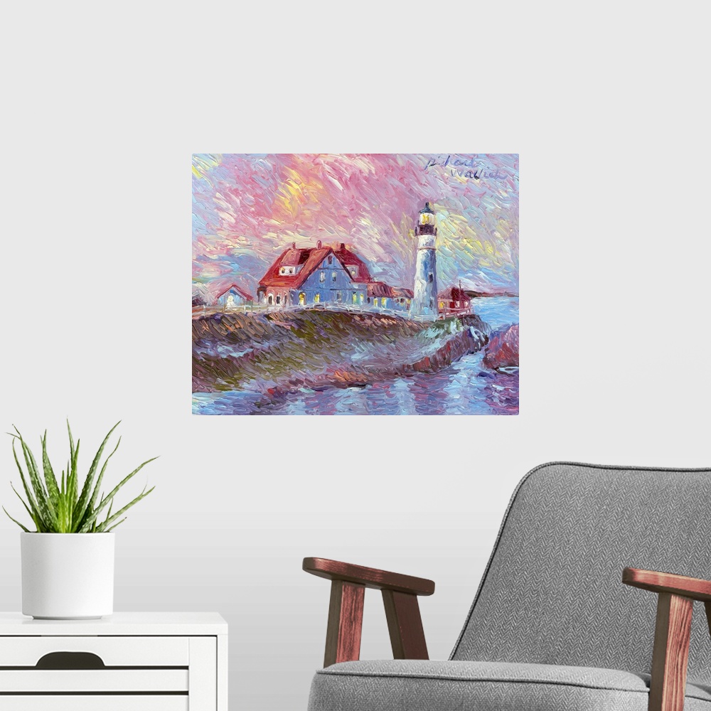 A modern room featuring Sun setting over lighthouse and houses on a cove by the ocean.