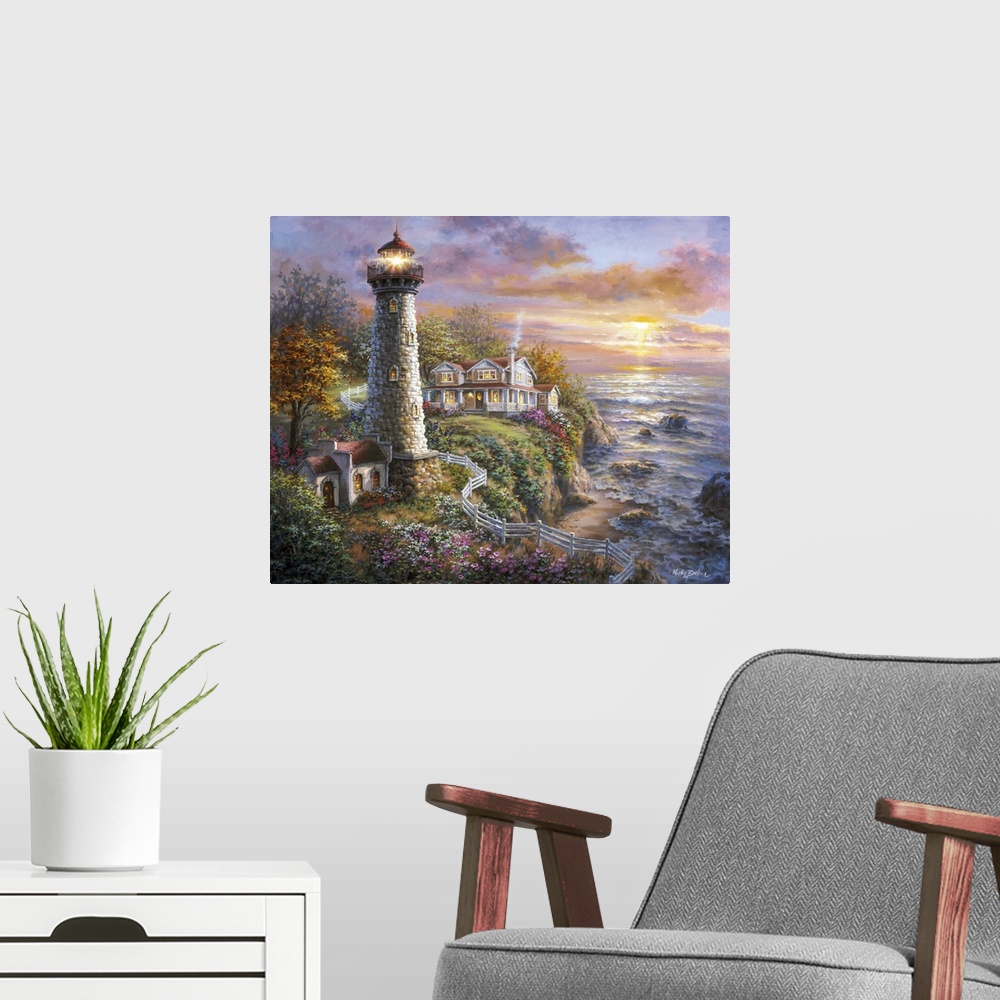 A modern room featuring Painting of a lighthouse at sunset. Product is a painting reproduction only, and does not contain...