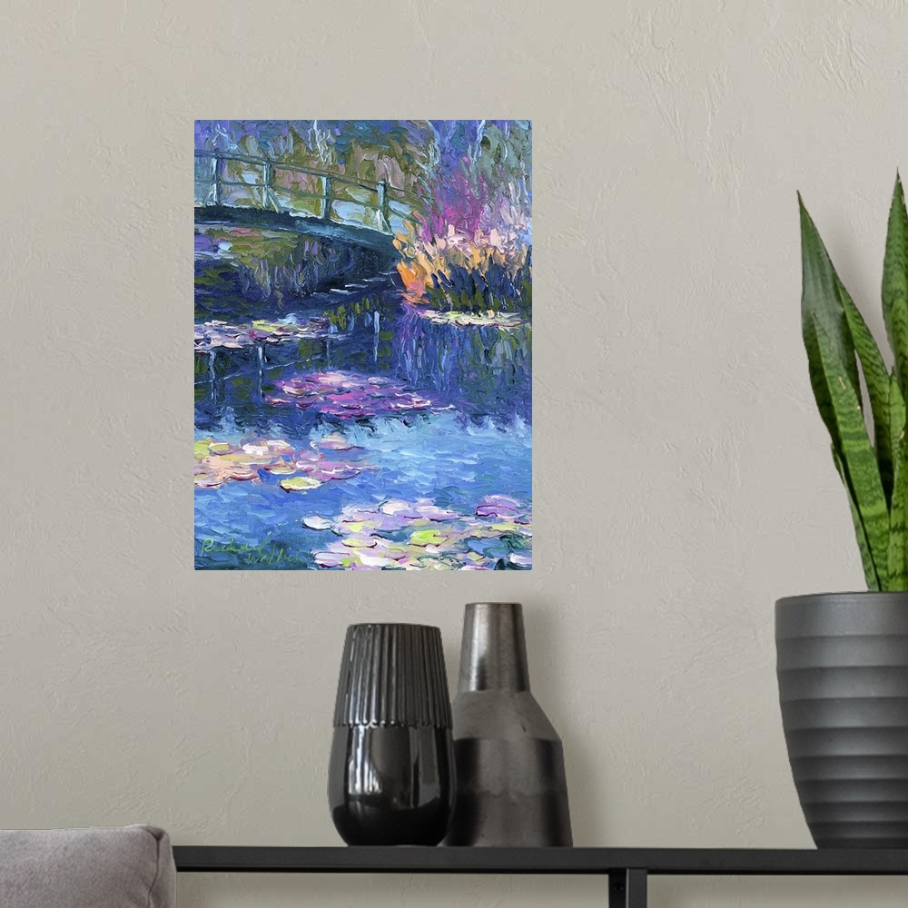 A modern room featuring Contemporary painting of water lilies under a bridge in a pond.