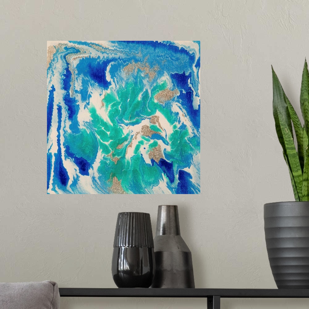 A modern room featuring Small abstract for Liquid Industrial IIII in blue and turquoise.