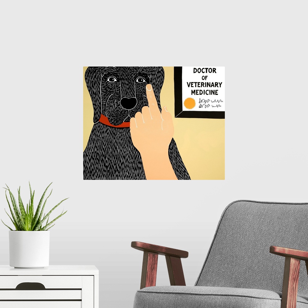 A modern room featuring Illustration of a black lab getting a check-up at the vet.