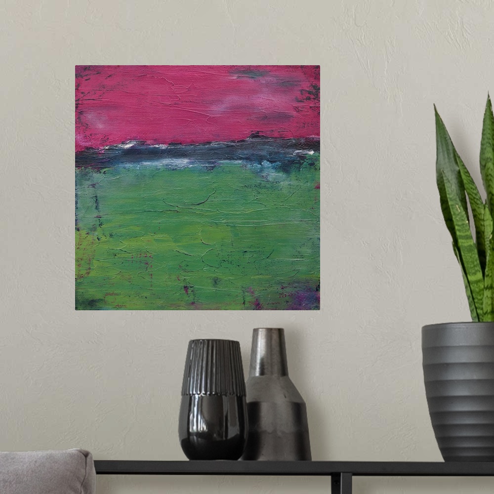 A modern room featuring Contemporary abstract painting in green and fuchsia.