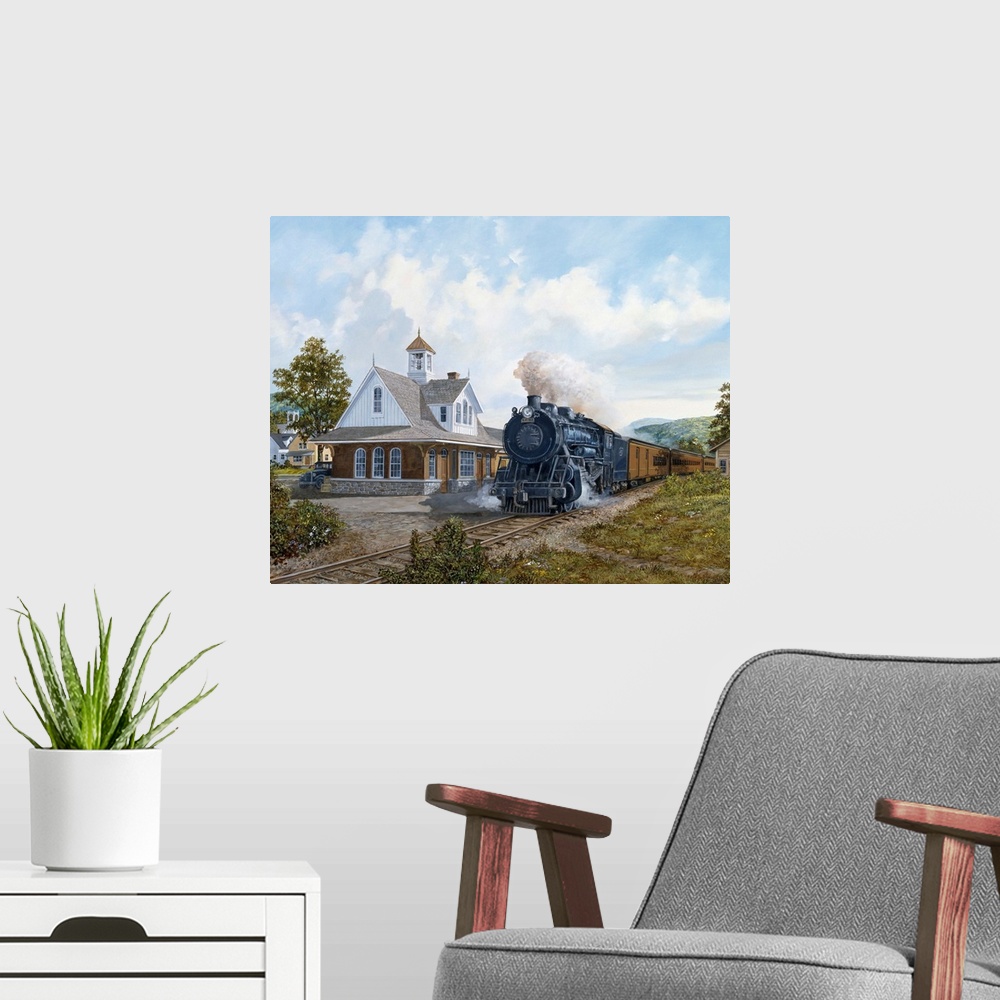 A modern room featuring Painting of a train pulling into the station in a rural area.