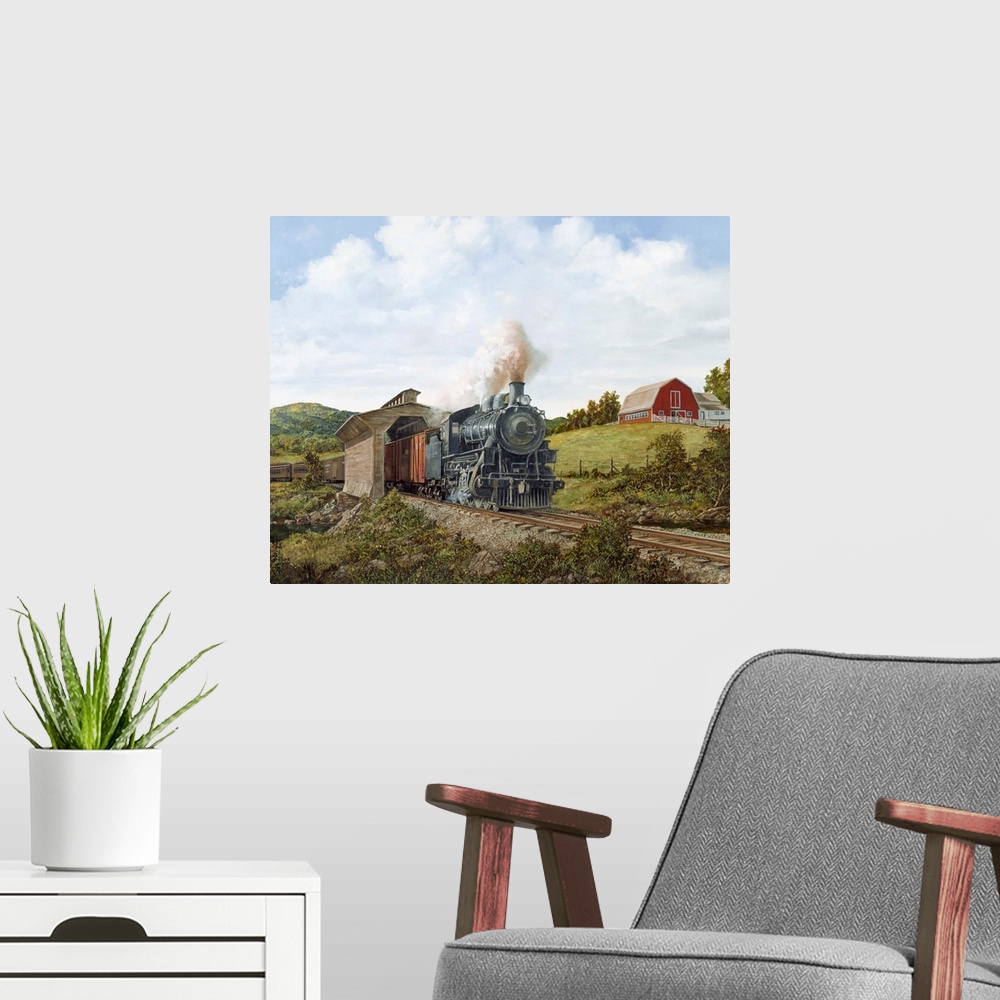 A modern room featuring Contemporary painting of a locomotive passing through a covered bridge in a rural landscape.