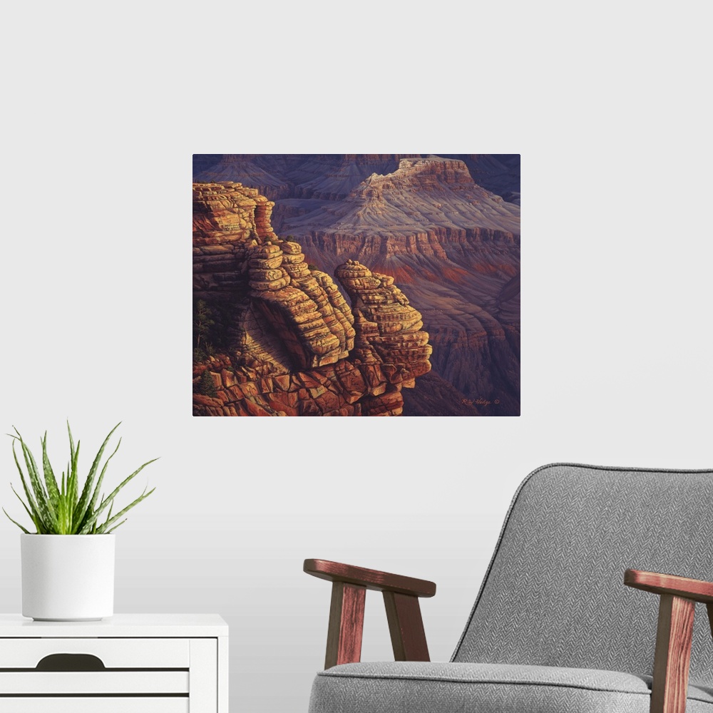 A modern room featuring Rocky, striated cliffs from the Grand Canyon.