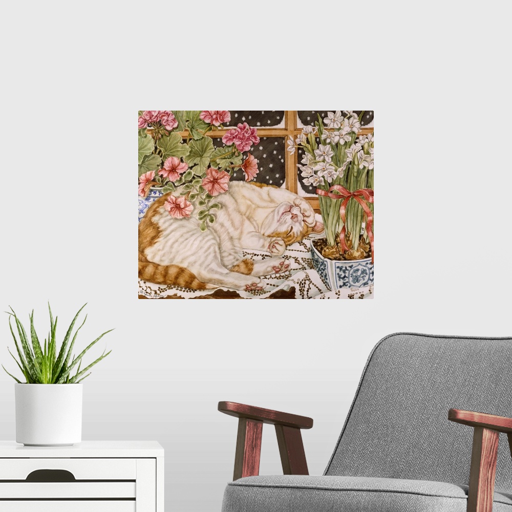 A modern room featuring Painting of a cat sleeping on a table next to vases of flowers.