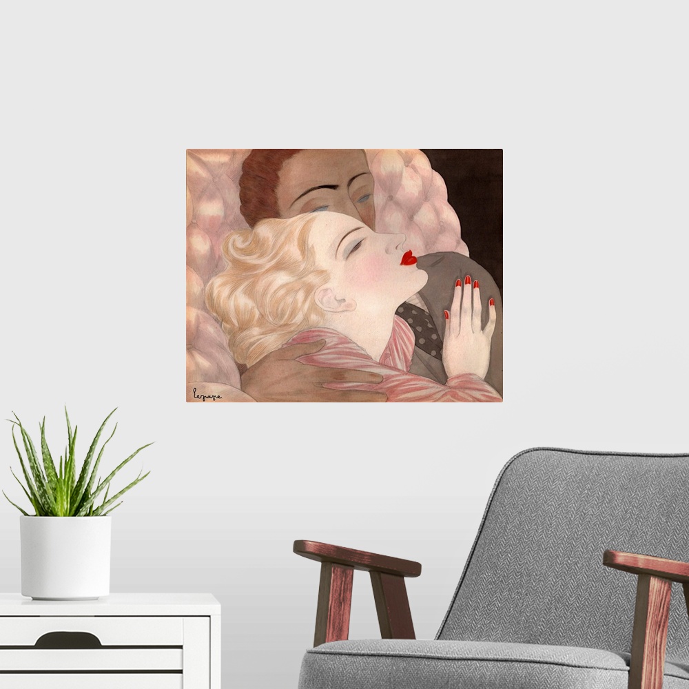 A modern room featuring Artwork of a vintage fashion illustration.