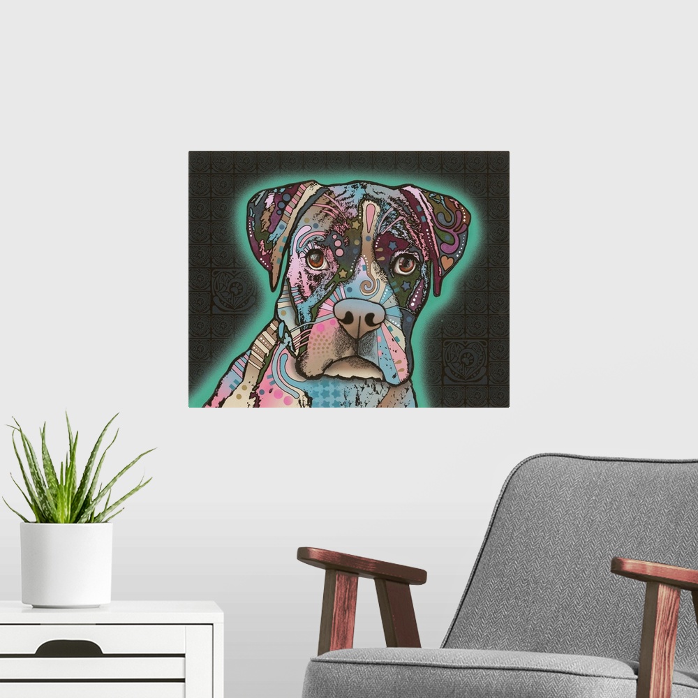 A modern room featuring Colorful illustration of a Boxer with a teal spray painted outline on a dark detailed background.