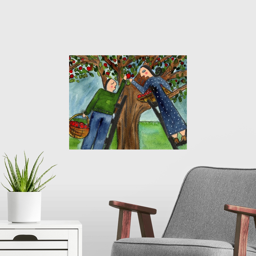 A modern room featuring A couple in love picking apples from an apple tree.