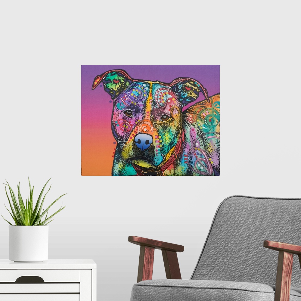 A modern room featuring Colorful painting of a pit bull covered in shaped designs on a purple to orange gradient background.