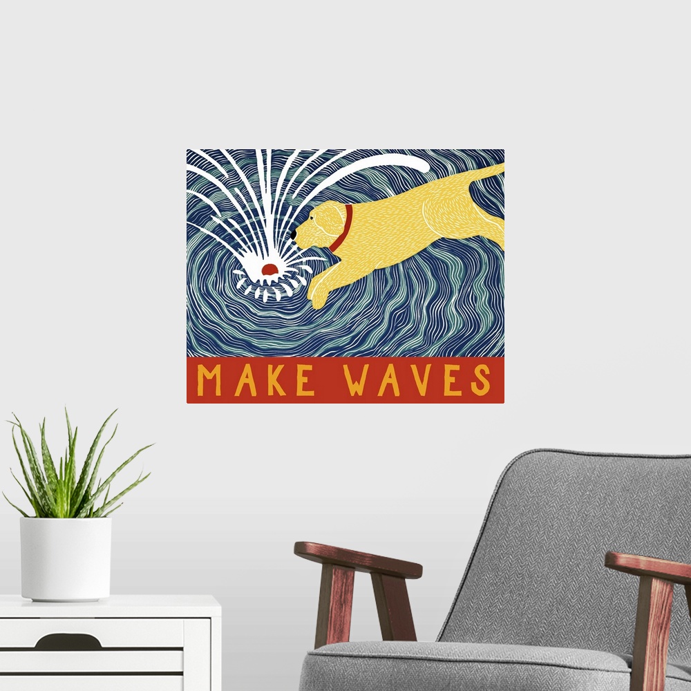 A modern room featuring Illustration of a yellow lab jumping in water to fetch its red ball with the phrase "Make Waves" ...