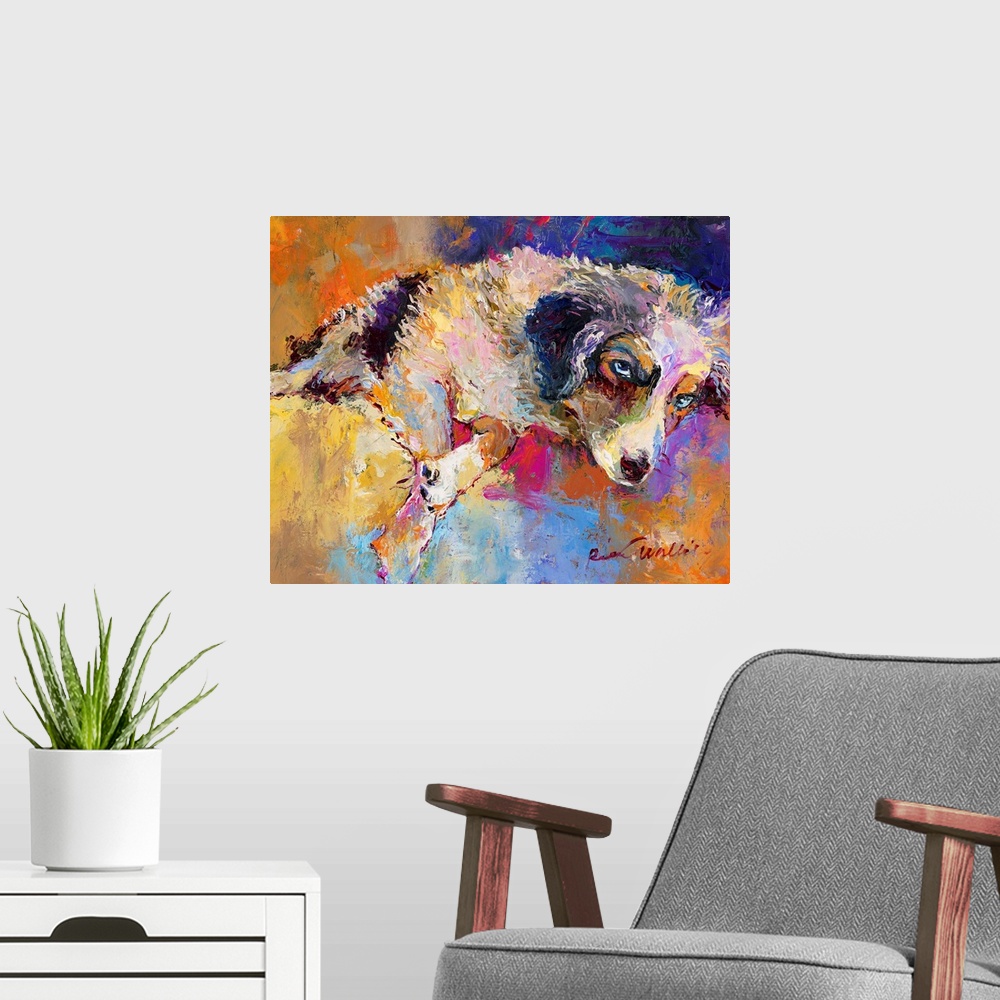 A modern room featuring Colorful abstract painting of a dog laying down.