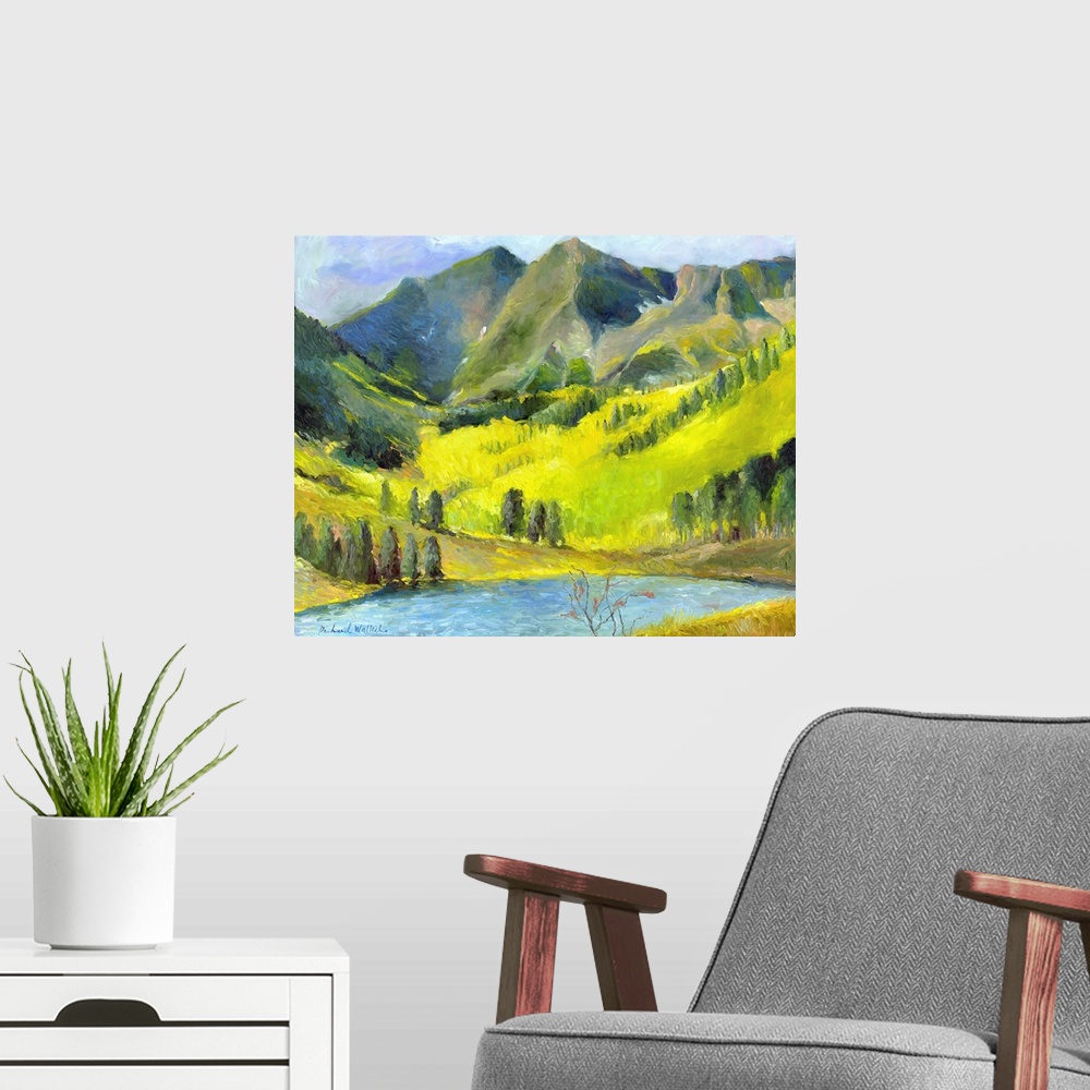 A modern room featuring Green mountainous valley.