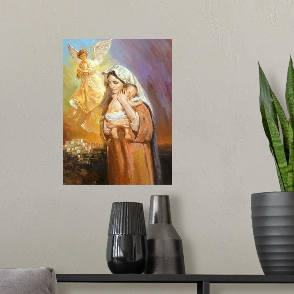 A modern room featuring Mary, holding Jesus to her breast.  An angel is seen watching over them.