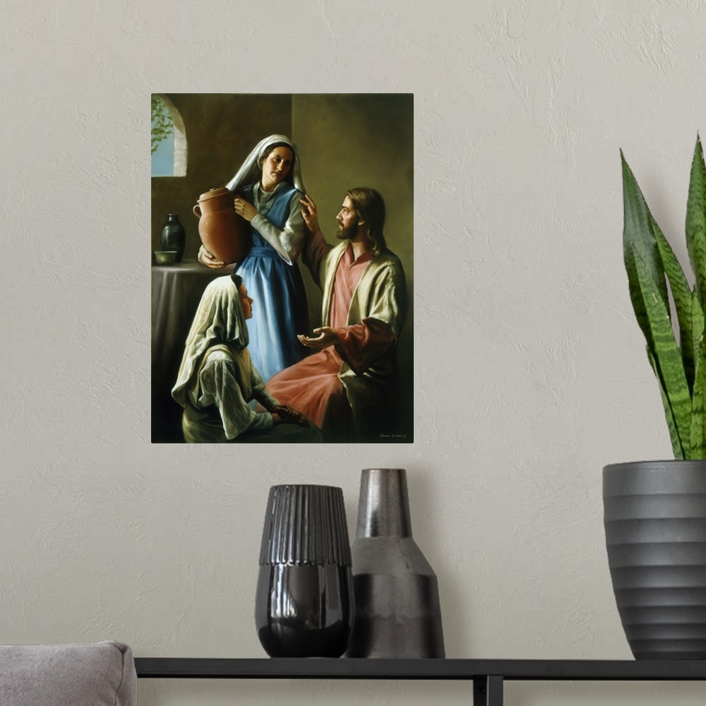 A modern room featuring Jesus talking with Mary and Martha.