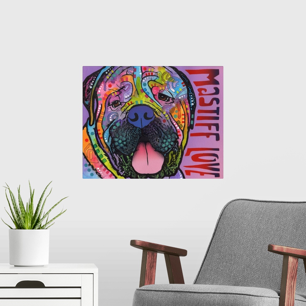 A modern room featuring Colorful painting of a Mastiff with graffiti-like designs on a pink and purple background with "M...