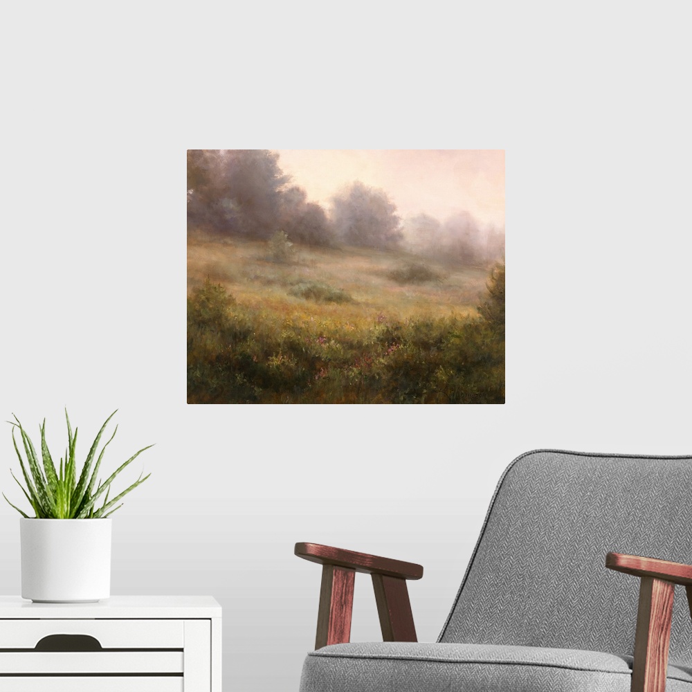 A modern room featuring Contemporary painting of an idyllic countryside shrouded in a light haze.