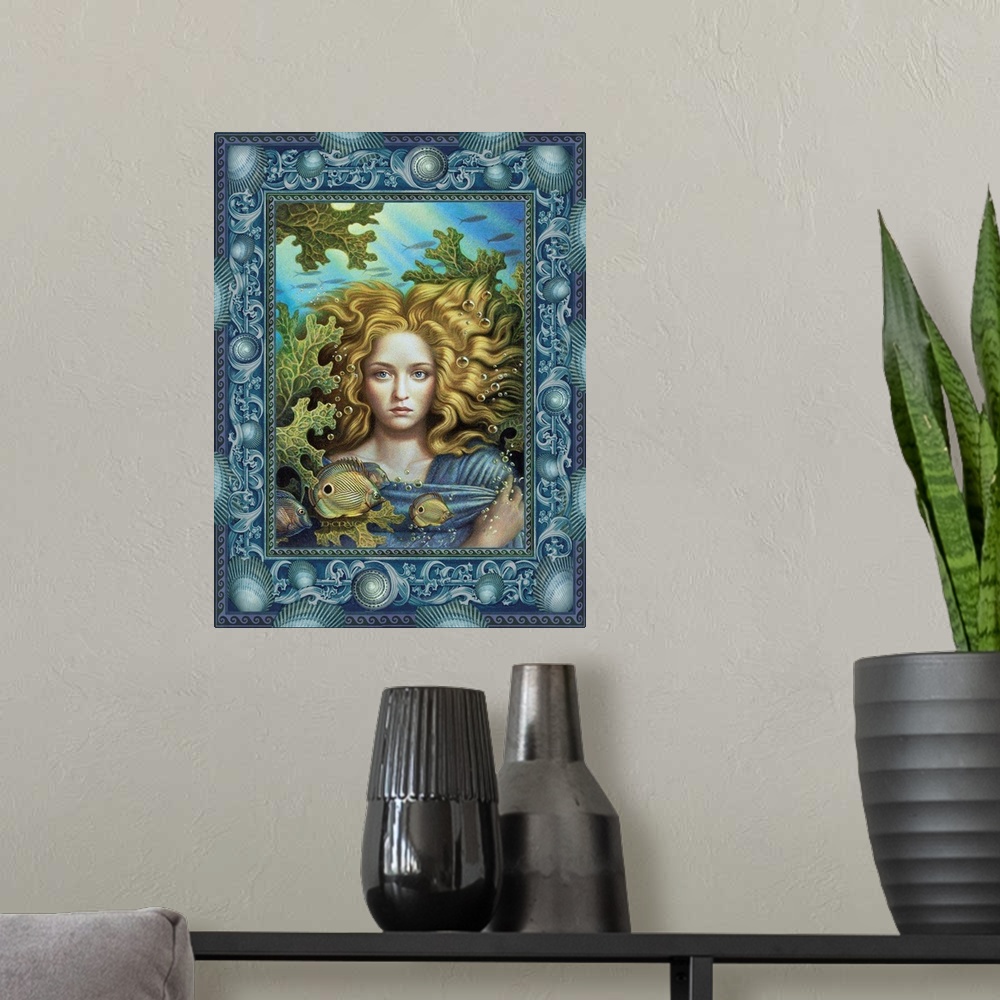 A modern room featuring Portrait of a mermaid underwater.
