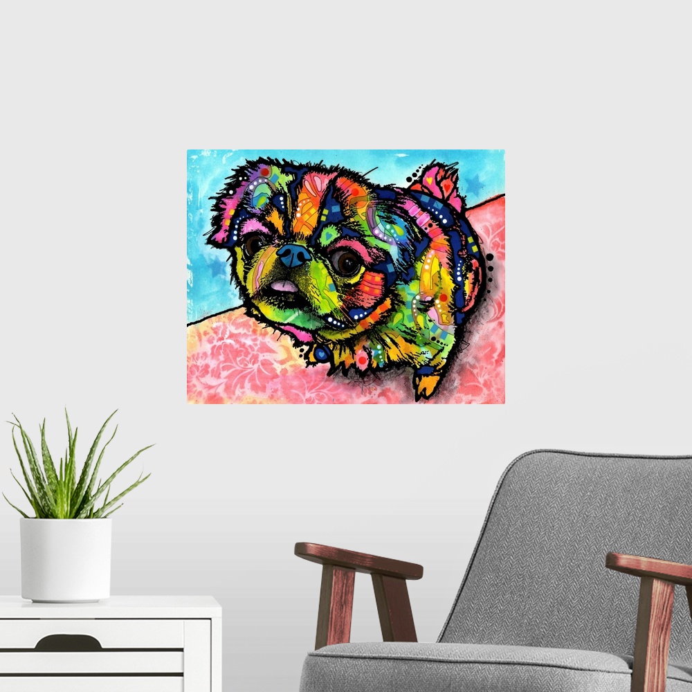 A modern room featuring Contemporary stencil painting of a pekingese puppy filled with various colors and patterns.