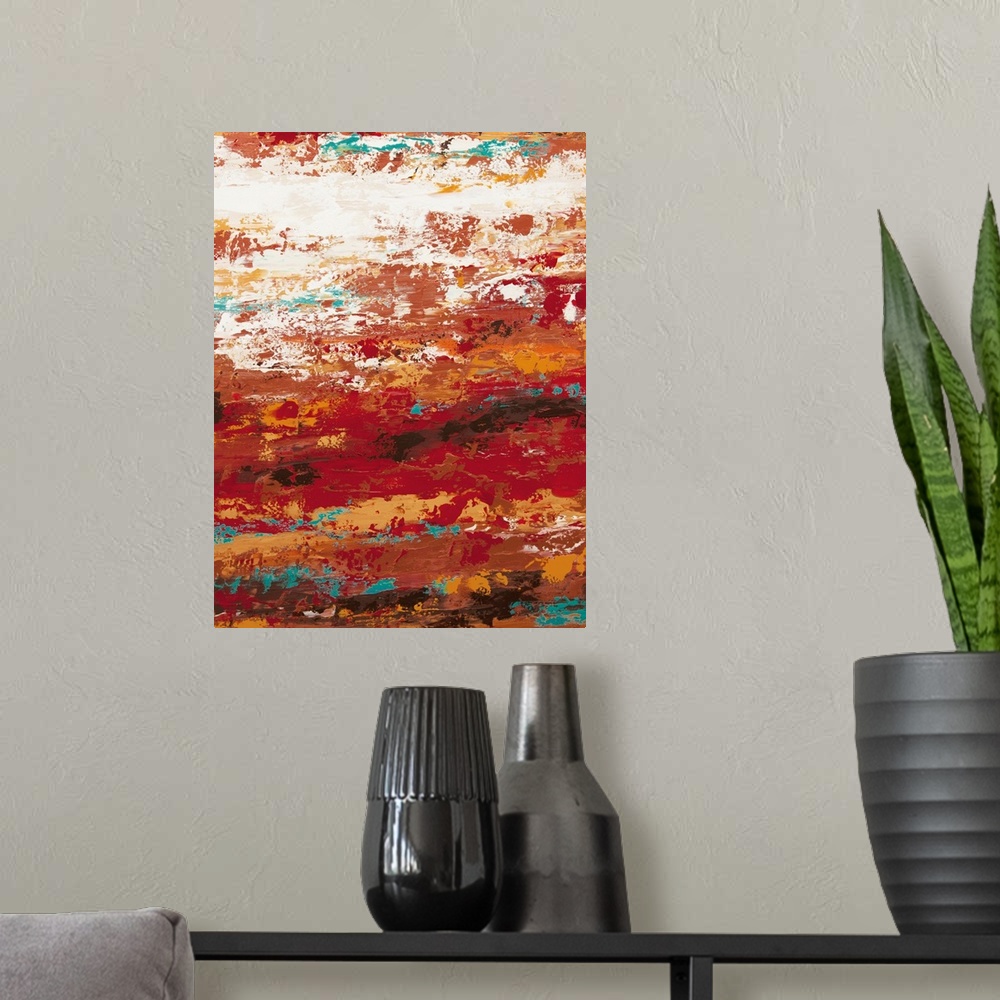 A modern room featuring A contemporary abstract painting using wild vibrant colors and weathered and worn textures.