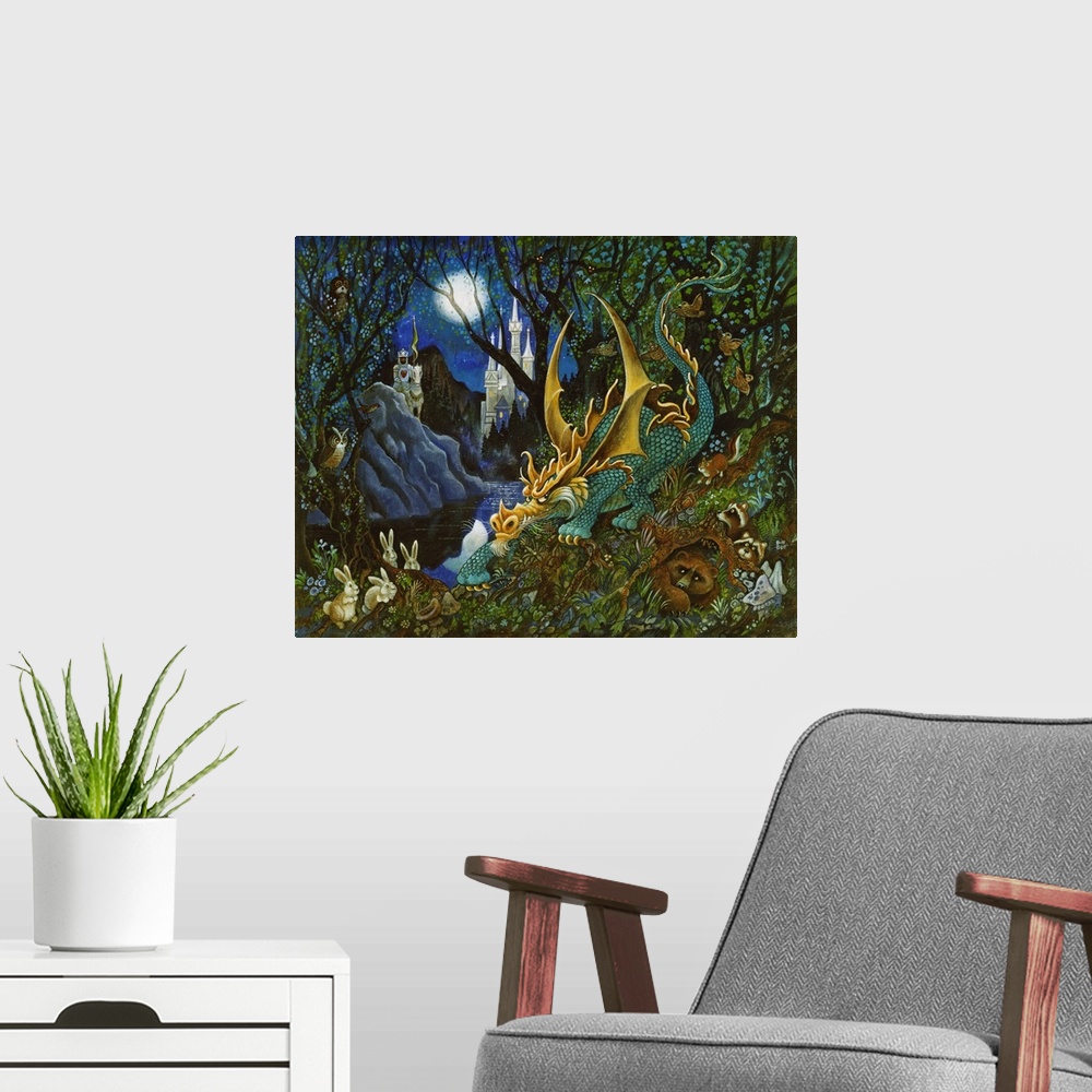 A modern room featuring Dragon in forest.
