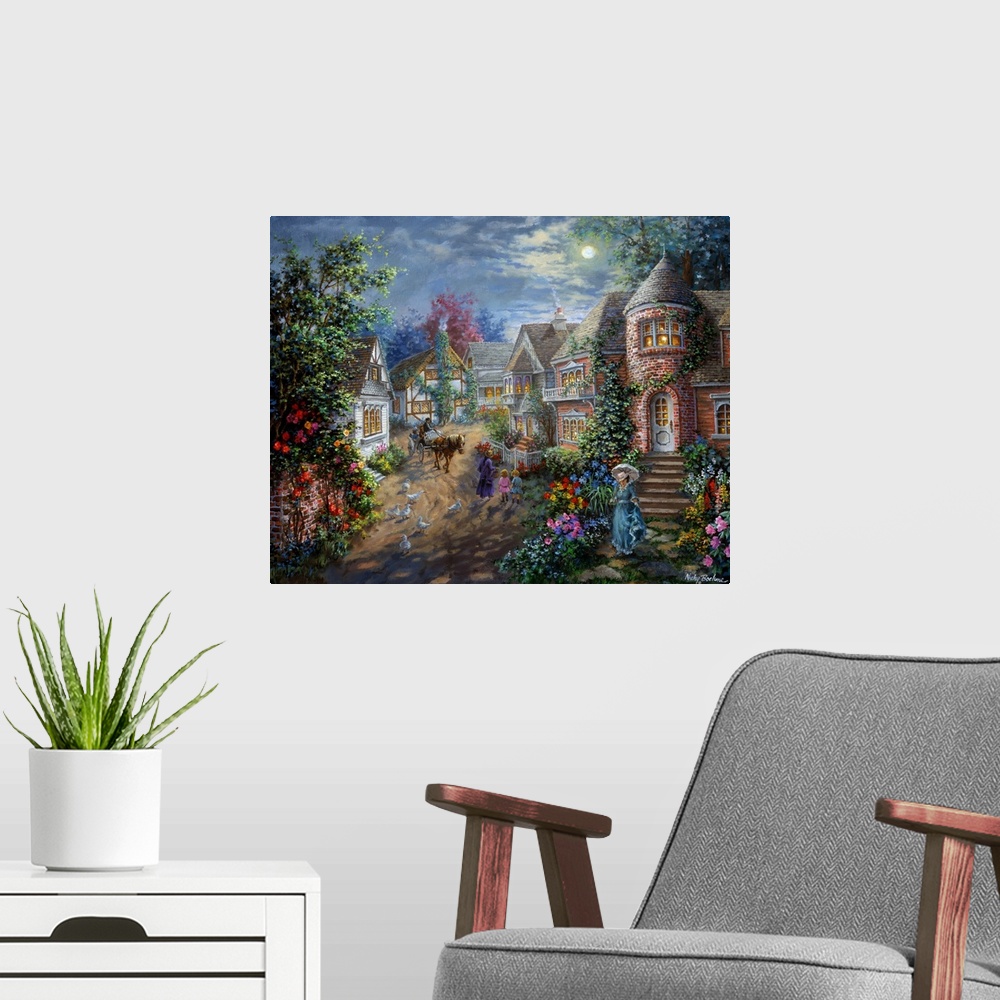 A modern room featuring Painting of village scene featuring houses with glowing windows. Product is a painting reproducti...