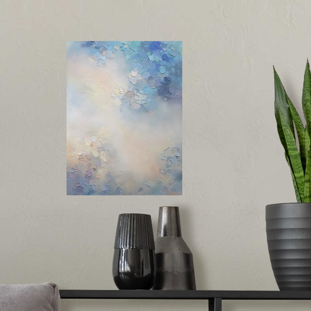 A modern room featuring Abstract painting of clouds and sky Giclee art print on canvas by contemporary abstract artist Me...