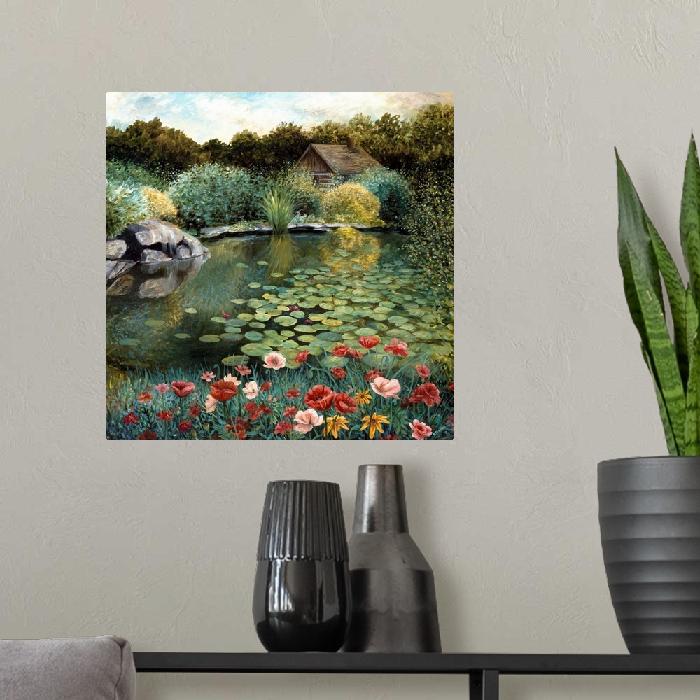 A modern room featuring Contemporary artwork of a pond full of lily pads in the morning.