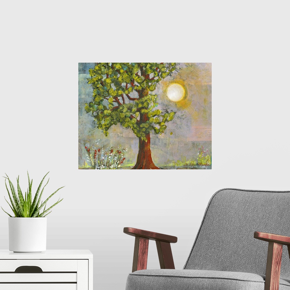 A modern room featuring Lighthearted contemporary painting of a tree with a rising sun behind it.
