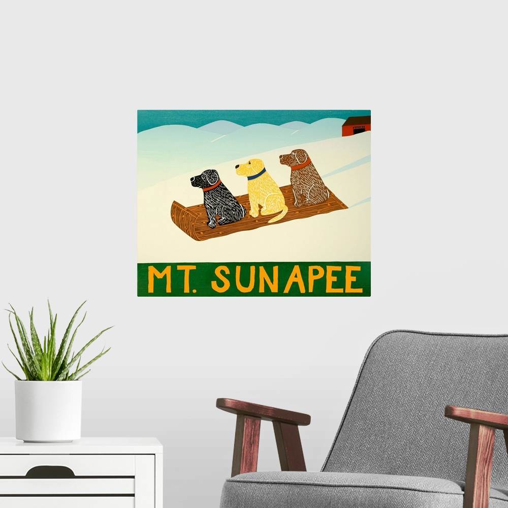 A modern room featuring Illustration of a chocolate, yellow, and black lab sledding down the slopes with "Mt. Sunapee" wr...