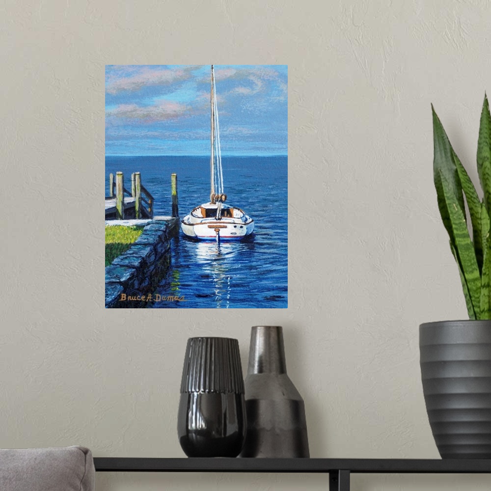 A modern room featuring Contemporary artwork of a sailboat at a dock.