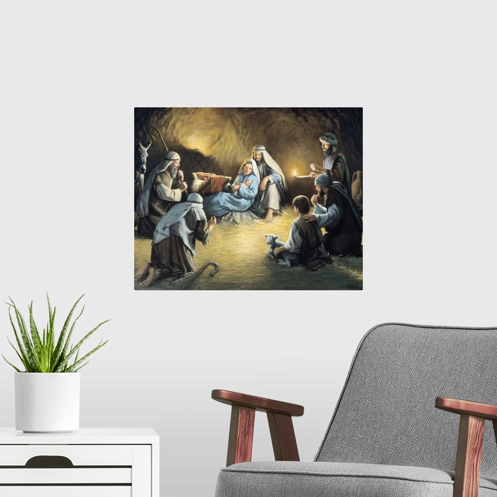 A modern room featuring Nativity scene with people gathered around Mary and Joseph holding baby Jesus.