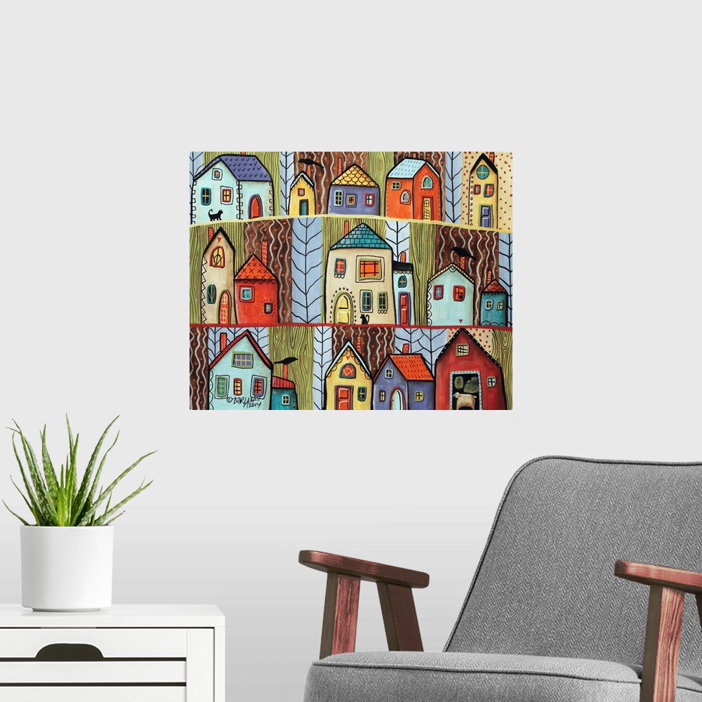 A modern room featuring Contemporary painting of a village made of different colored houses.