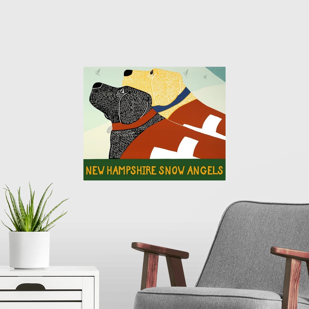 A modern room featuring Illustration of a black and yellow lab dressed as ski patrol on the slopes with skiers in the bac...