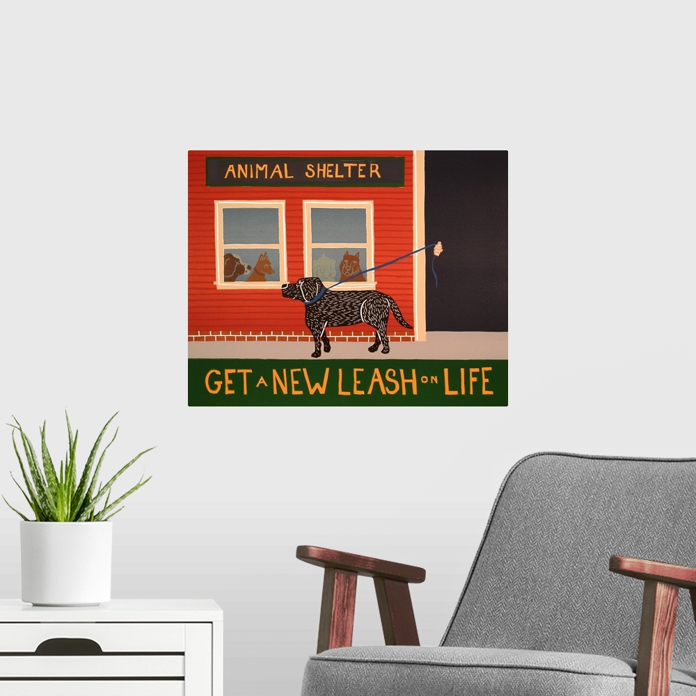 A modern room featuring Illustration of a black lab walking on its leash in front of an Animal Shelter with the phrase "G...